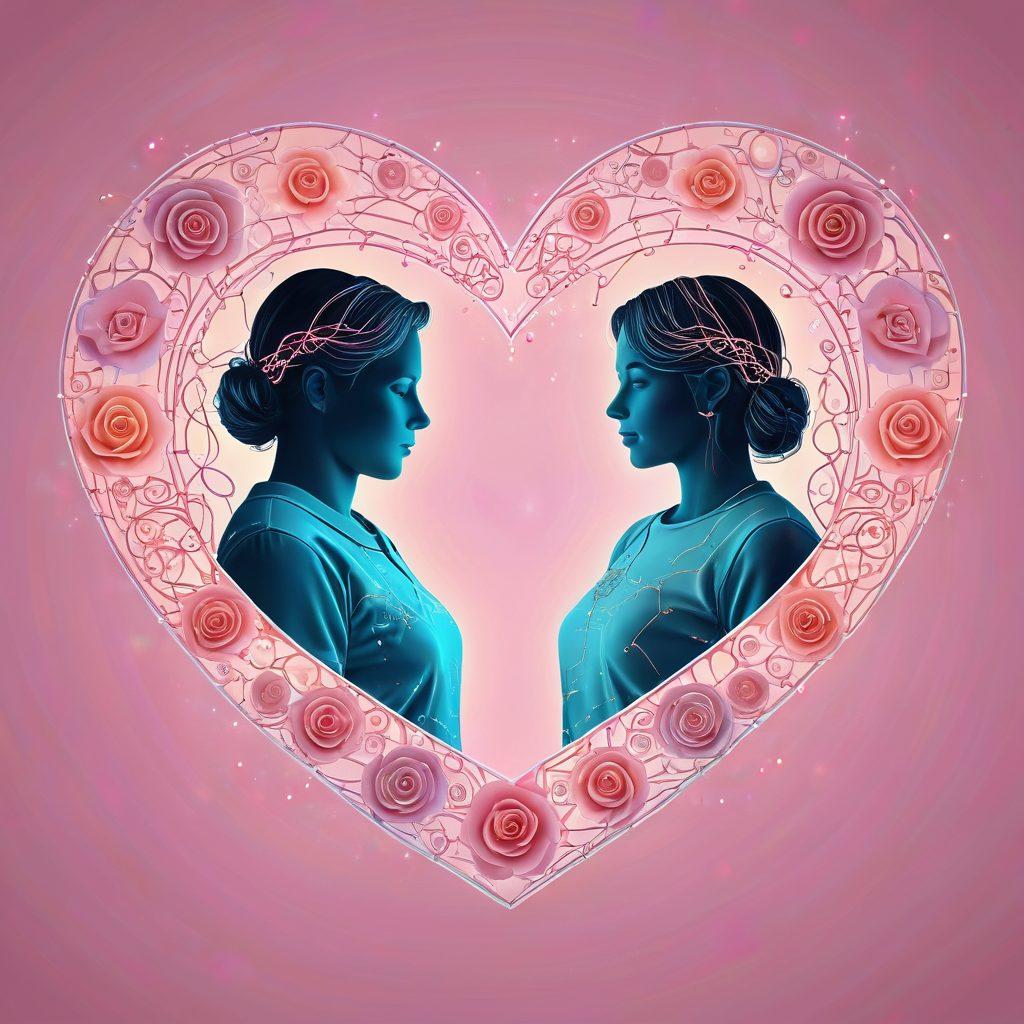 A heart made of circuit patterns intertwined with delicate, glowing digital roses, symbolizing romance in the online world. The background features soft pastel colors, representing a modern digital landscape with silhouettes of couples connecting through devices, exchanging love messages. Add whimsical elements like chat bubbles and emojis floating around to enhance the connection theme. super-realistic. vibrant colors. soft pastel background.