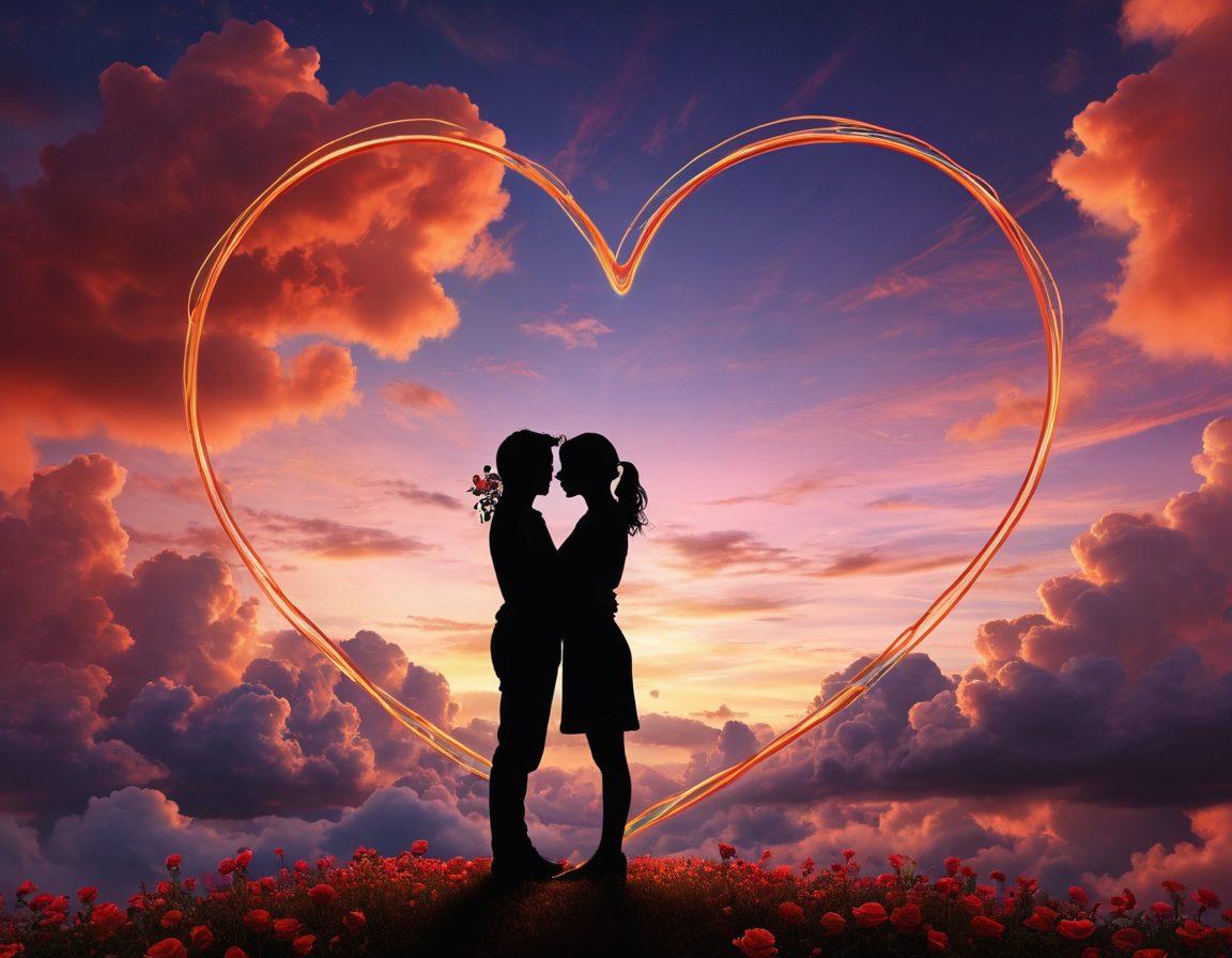 A serene, digital landscape depicting two intertwined silhouettes, connected by glowing lines representing communication. Surrounding them are vibrant symbols of intimacy and passion like hearts, roses, and digital elements, set against a comforting backdrop of soft clouds. The scene should evoke a sense of warmth and connectivity in an online context. super-realistic. vibrant colors. soft lighting.